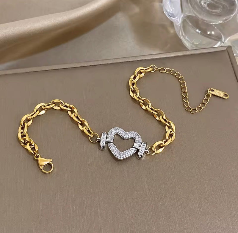 Stainless Steel Two-Tone Heart Necklace & Bracelet Set with Stones