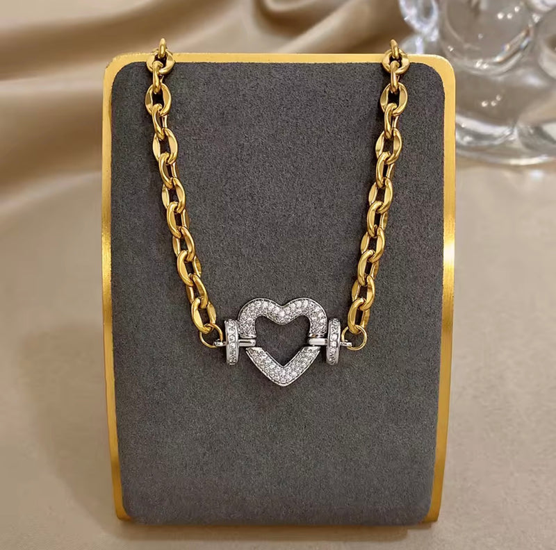 Stainless Steel Two-Tone Heart Necklace & Bracelet Set with Stones