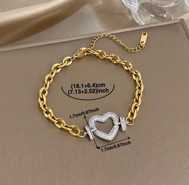 Stainless Steel Two-Tone Heart Necklace & Bracelet Set with Stones