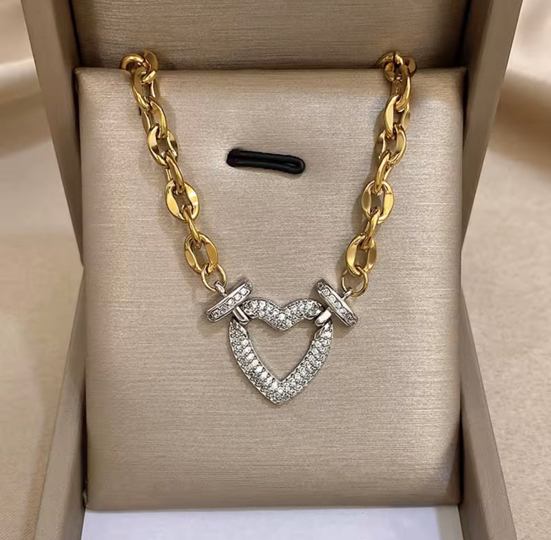 Stainless Steel Two-Tone Heart Necklace & Bracelet Set with Stones