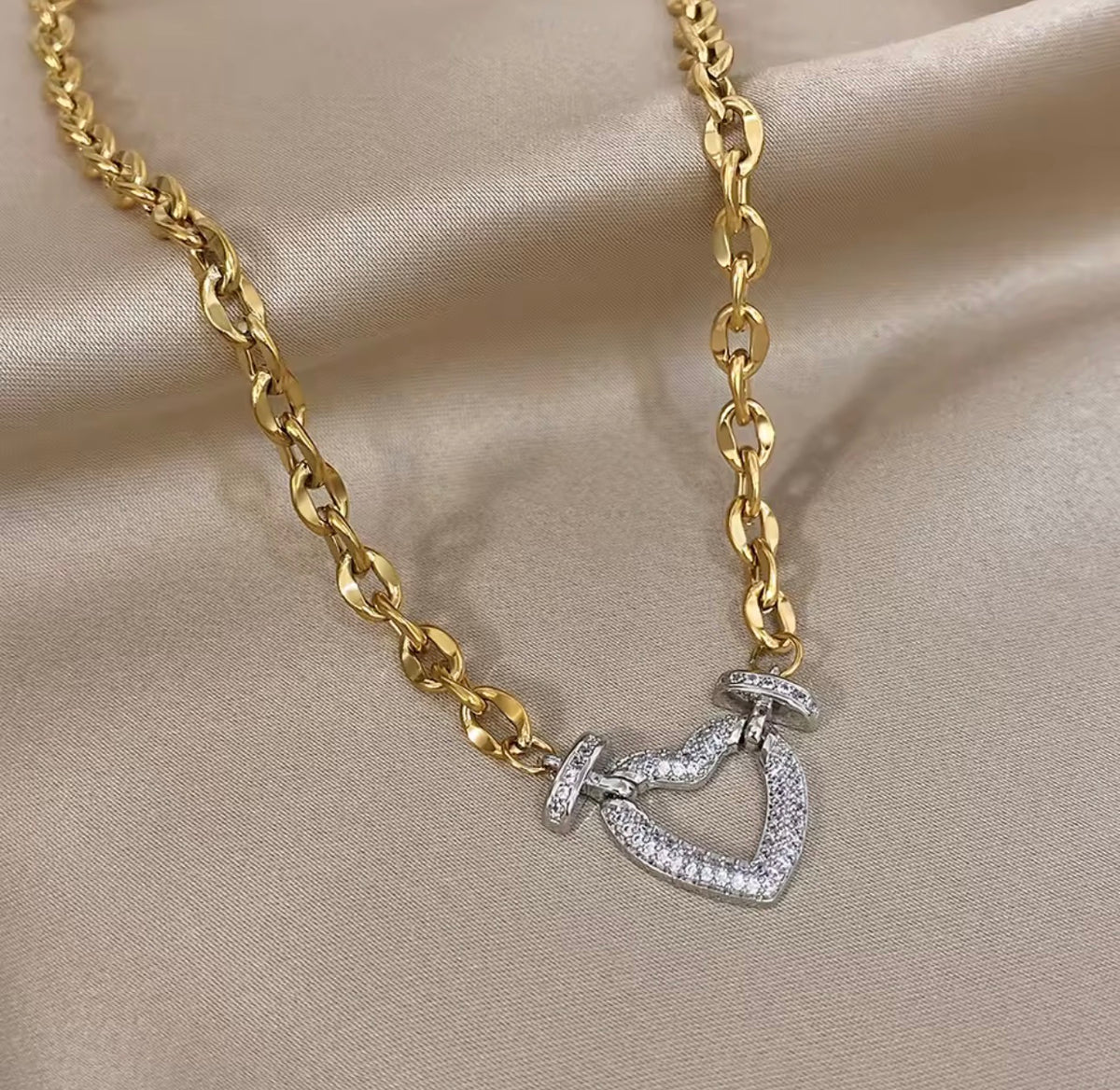 Stainless Steel Two-Tone Heart Necklace & Bracelet Set with Stones
