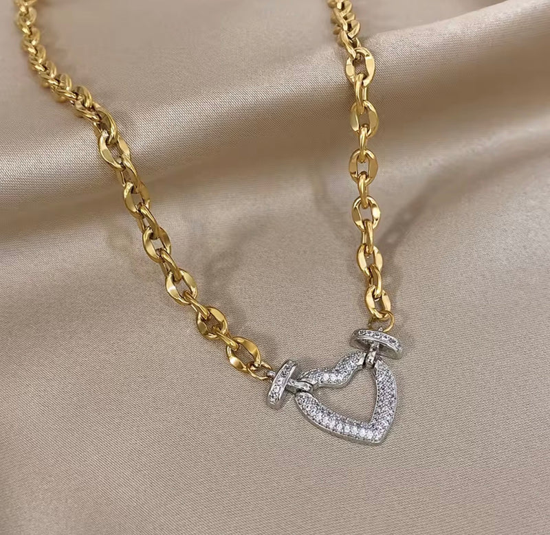 Stainless Steel Two-Tone Heart Necklace & Bracelet Set with Stones