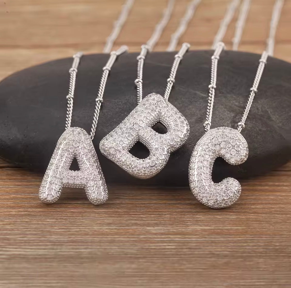 Puffy Bubble Initial Necklace with Sparkling Stones