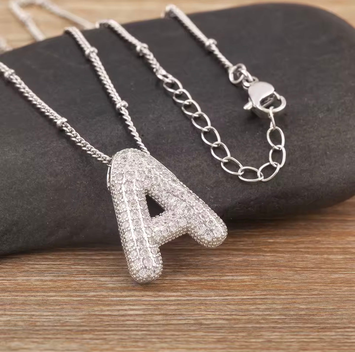 Puffy Bubble Initial Necklace with Sparkling Stones