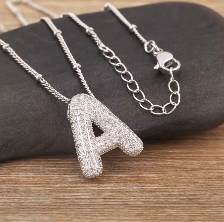 Puffy Bubble Initial Necklace with Sparkling Stones