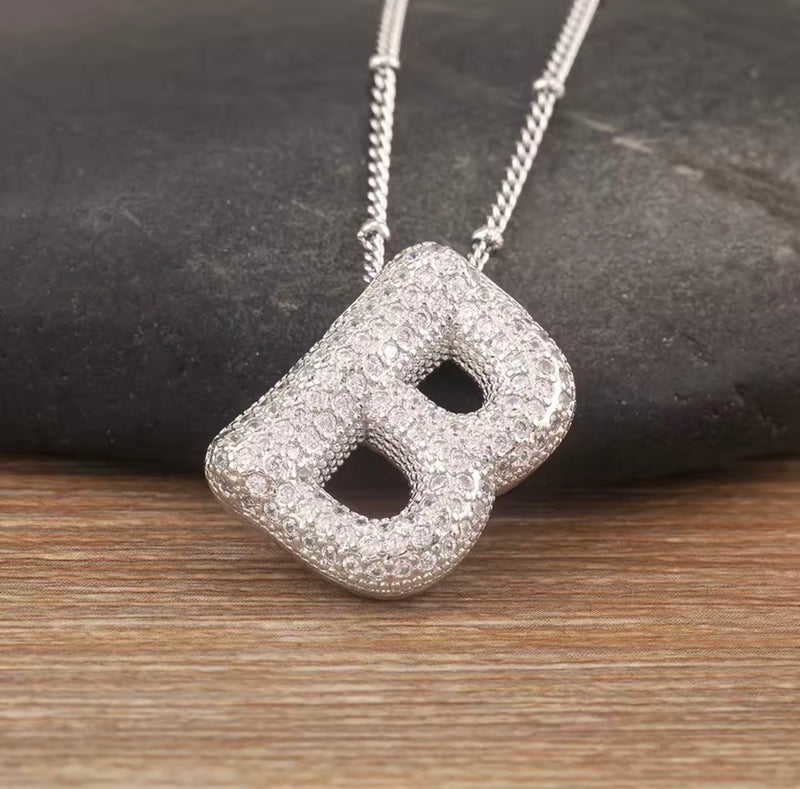 Puffy Bubble Initial Necklace with Sparkling Stones