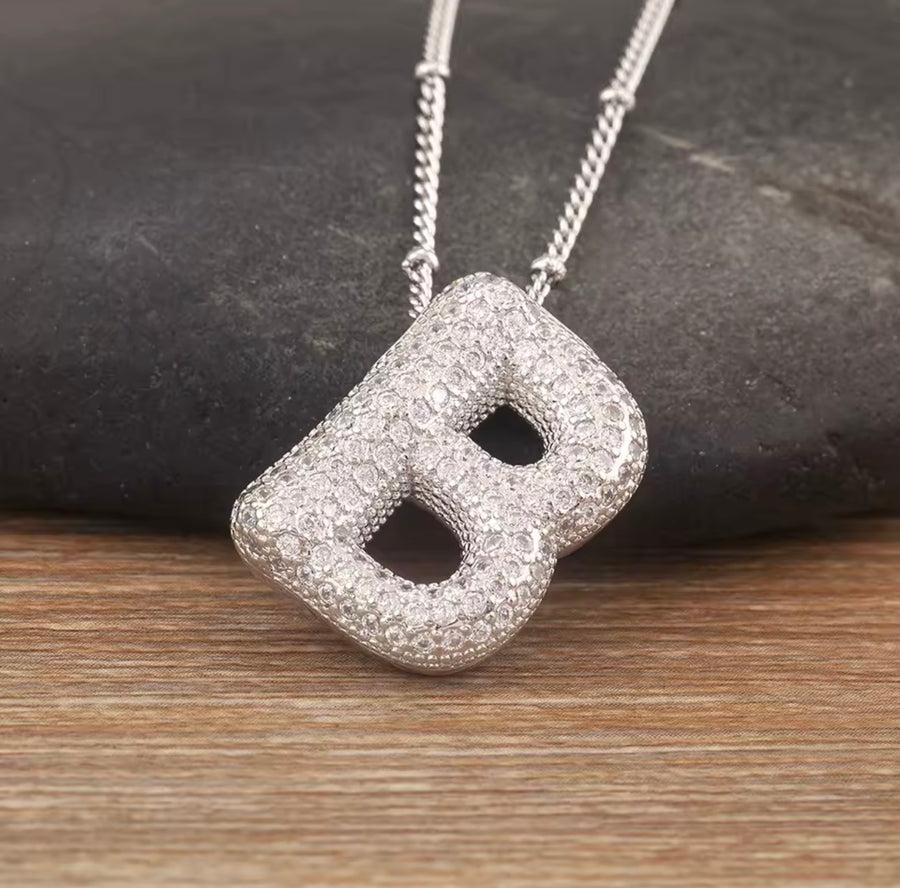 Puffy Bubble Initial Necklace with Sparkling Stones