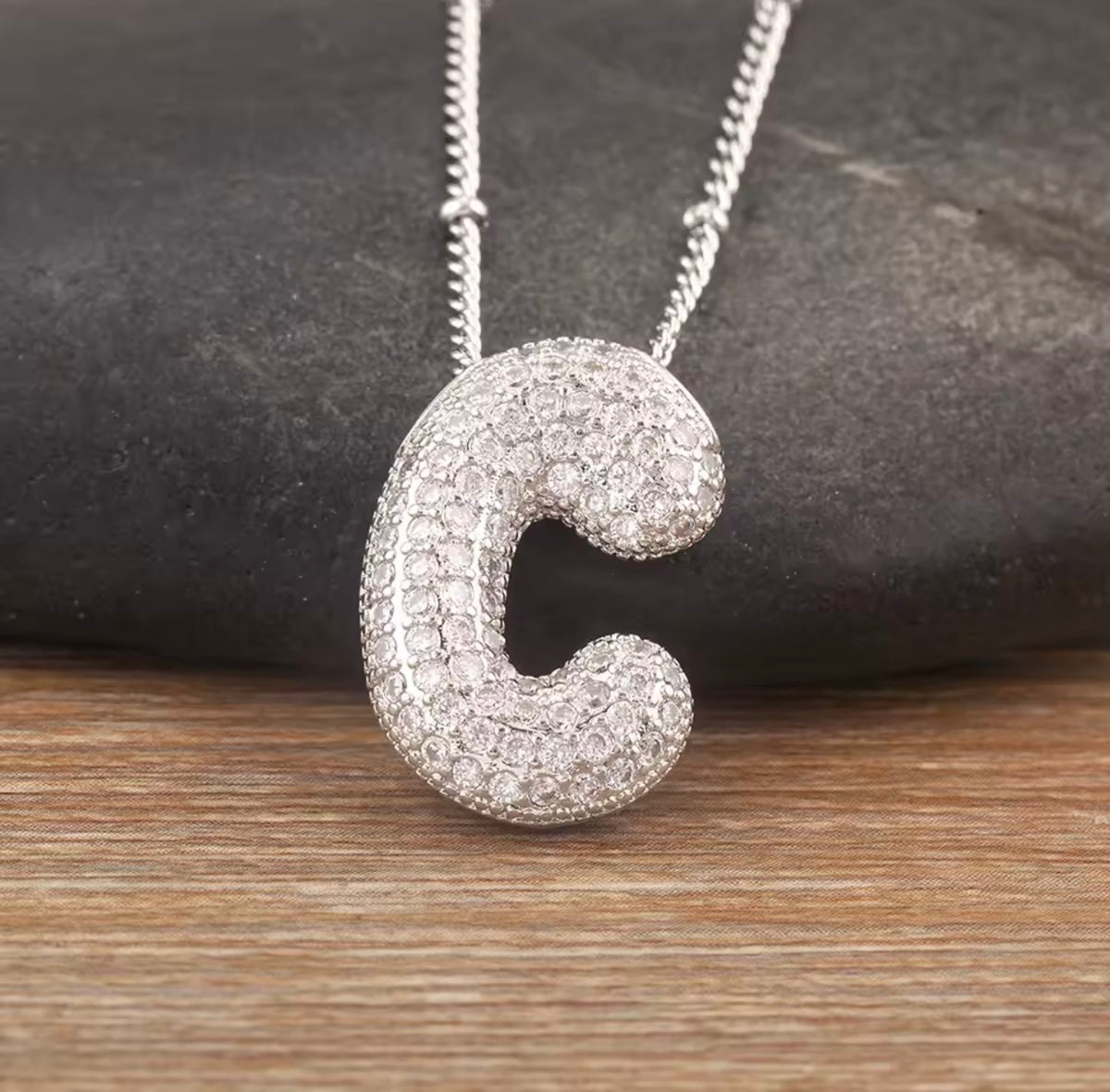 Puffy Bubble Initial Necklace with Sparkling Stones
