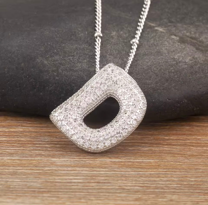 Puffy Bubble Initial Necklace with Sparkling Stones