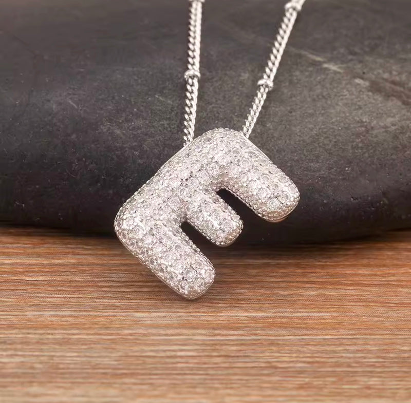 Puffy Bubble Initial Necklace with Sparkling Stones