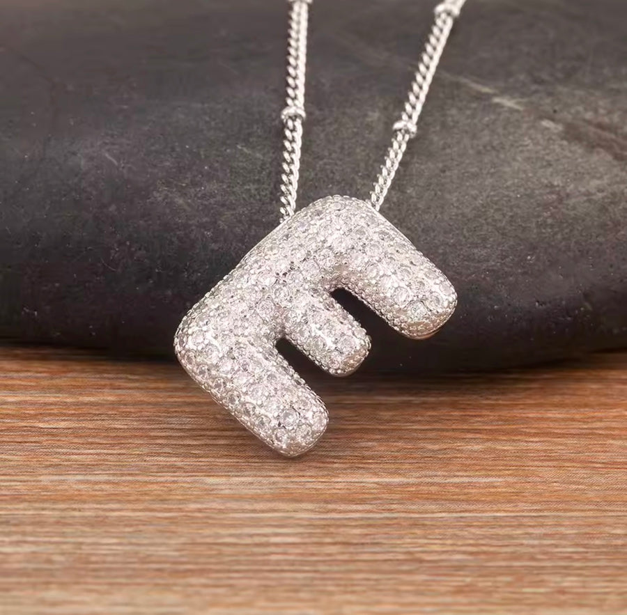 Puffy Bubble Initial Necklace with Sparkling Stones