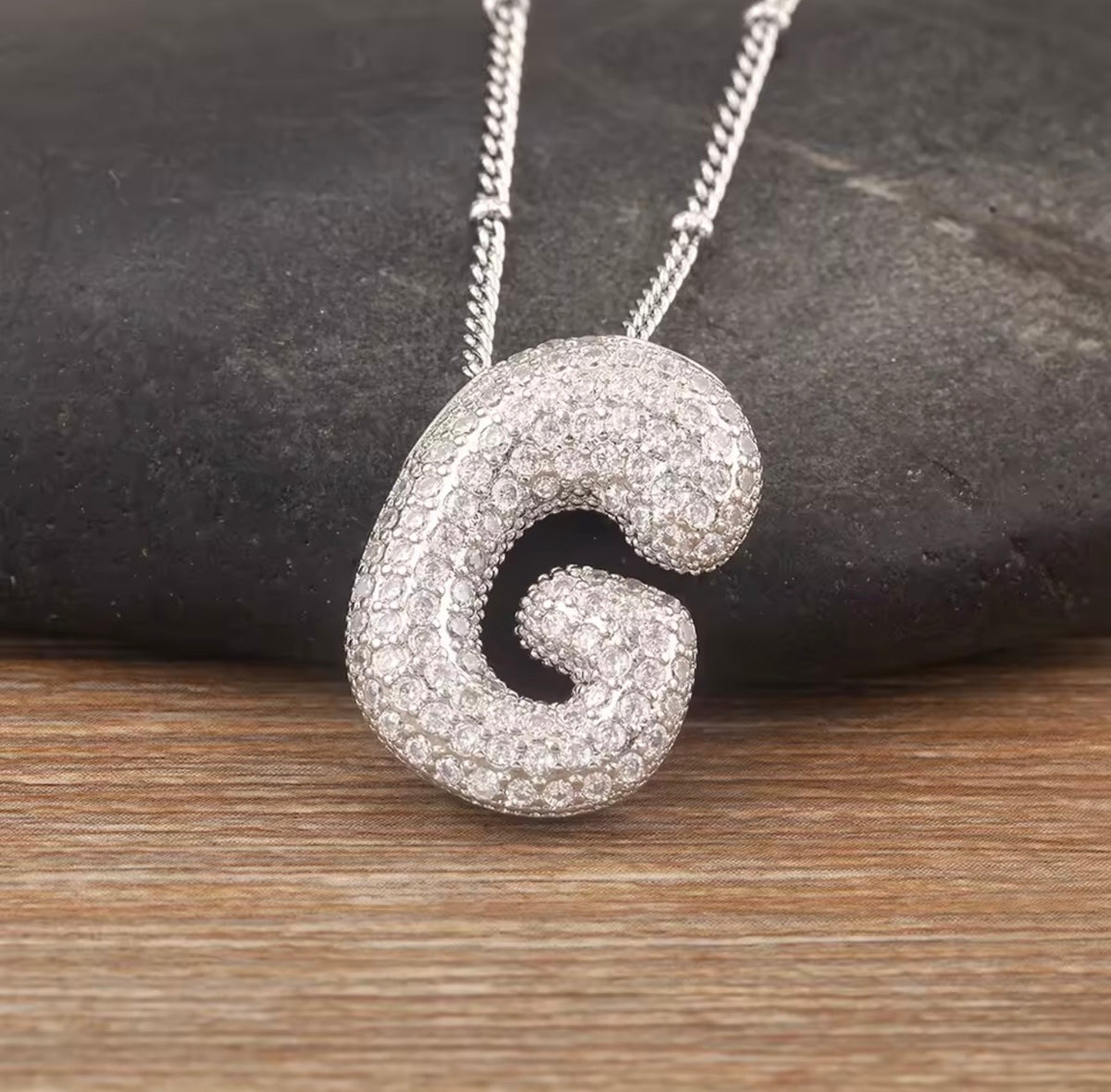 Puffy Bubble Initial Necklace with Sparkling Stones