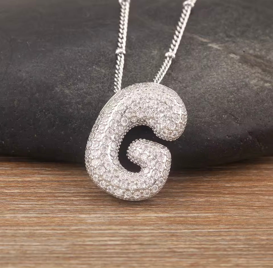 Puffy Bubble Initial Necklace with Sparkling Stones