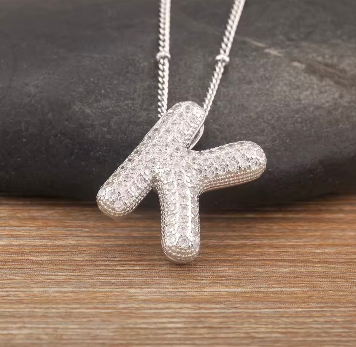 Puffy Bubble Initial Necklace with Sparkling Stones