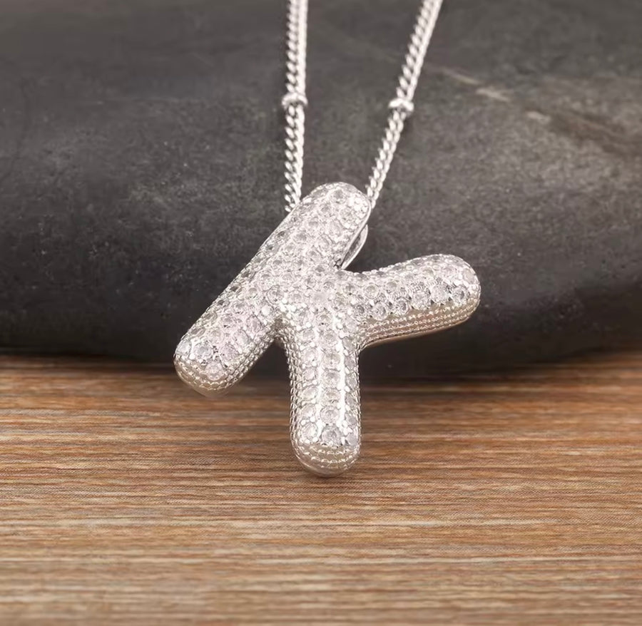 Puffy Bubble Initial Necklace with Sparkling Stones