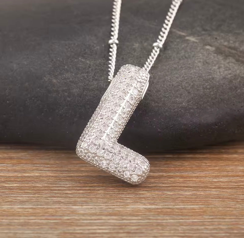 Puffy Bubble Initial Necklace with Sparkling Stones