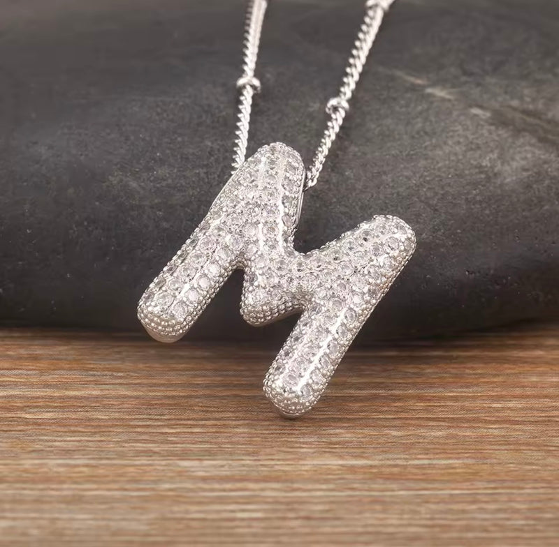 Puffy Bubble Initial Necklace with Sparkling Stones