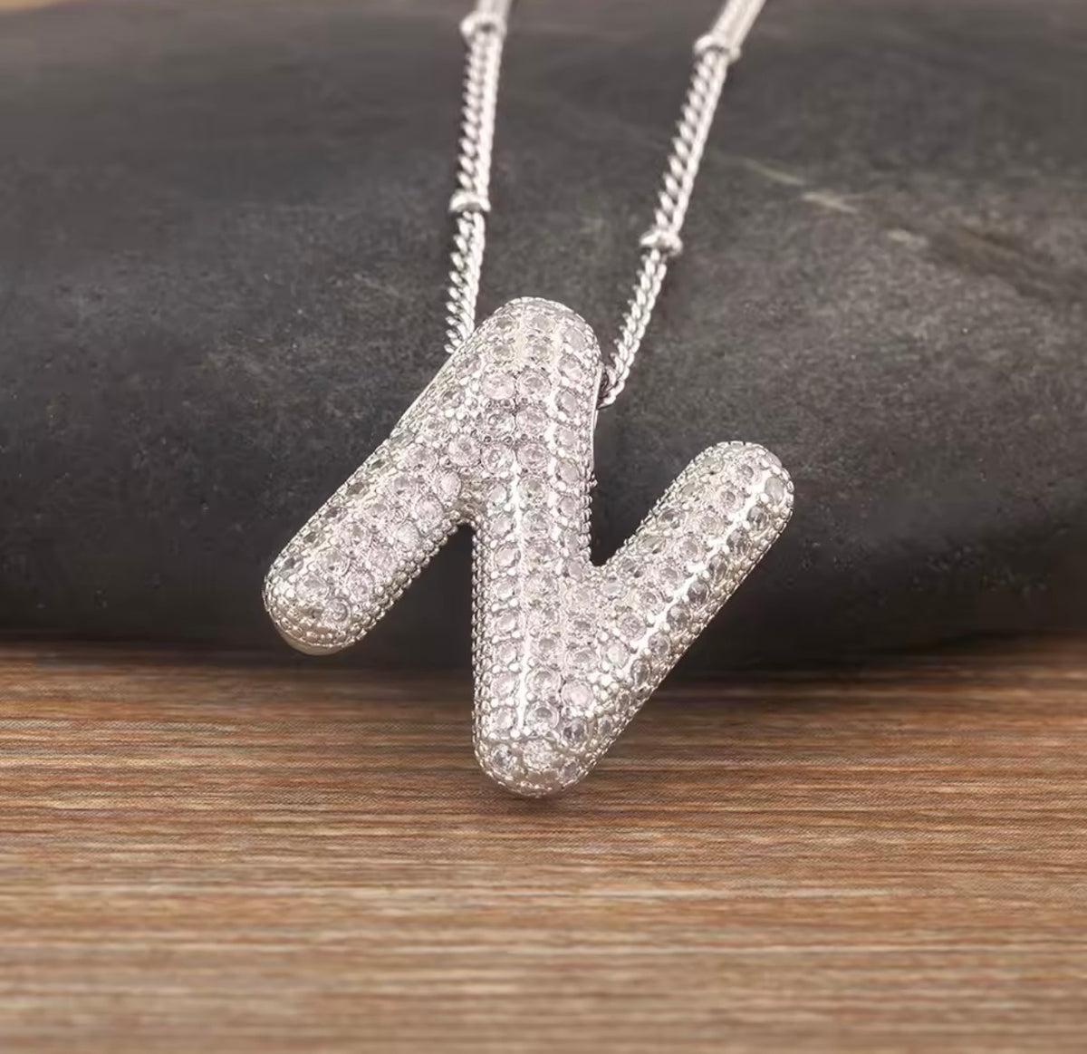 Puffy Bubble Initial Necklace with Sparkling Stones