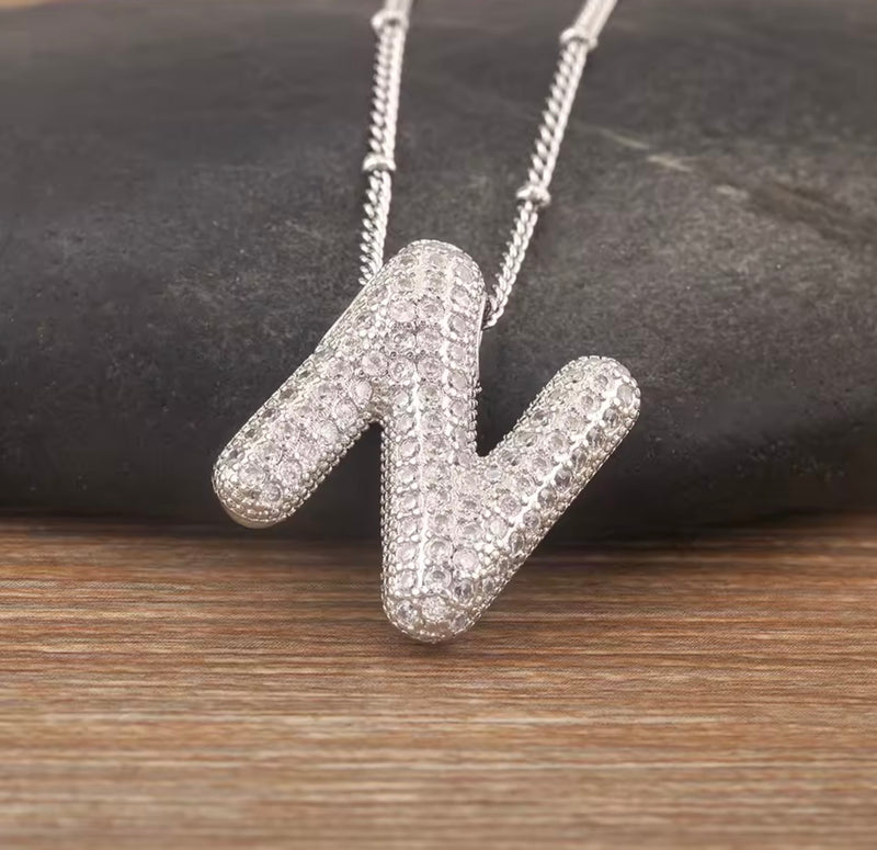 Puffy Bubble Initial Necklace with Sparkling Stones
