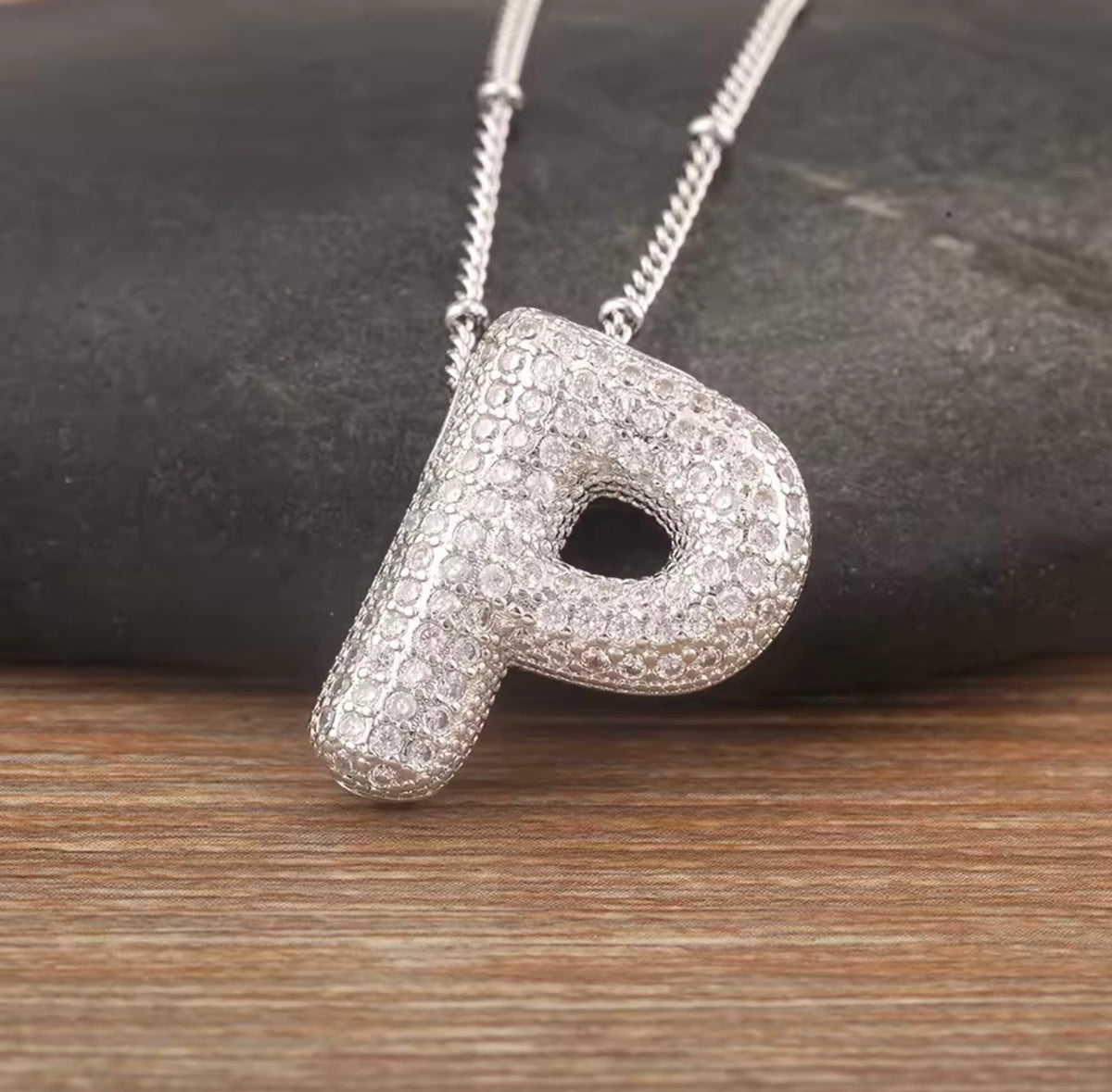 Puffy Bubble Initial Necklace with Sparkling Stones
