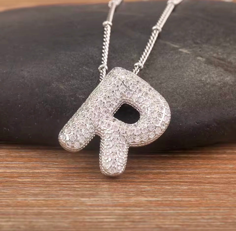 Puffy Bubble Initial Necklace with Sparkling Stones