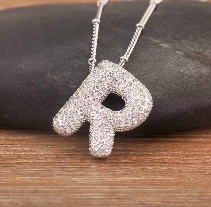 Puffy Bubble Initial Necklace with Sparkling Stones