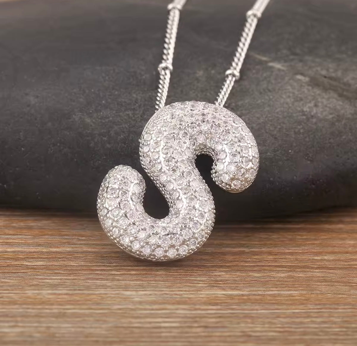 Puffy Bubble Initial Necklace with Sparkling Stones