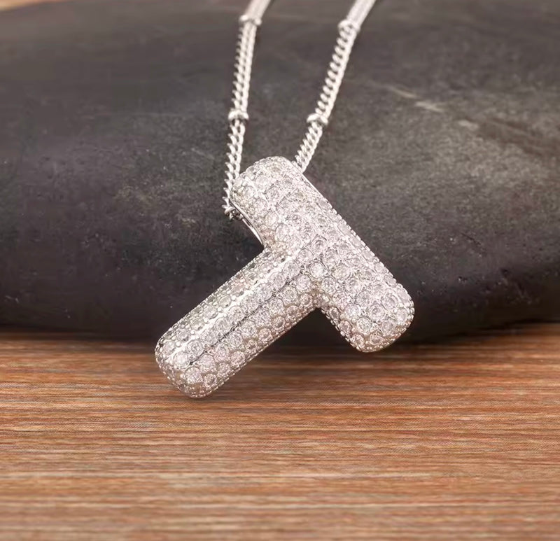 Puffy Bubble Initial Necklace with Sparkling Stones