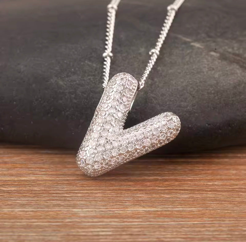 Puffy Bubble Initial Necklace with Sparkling Stones