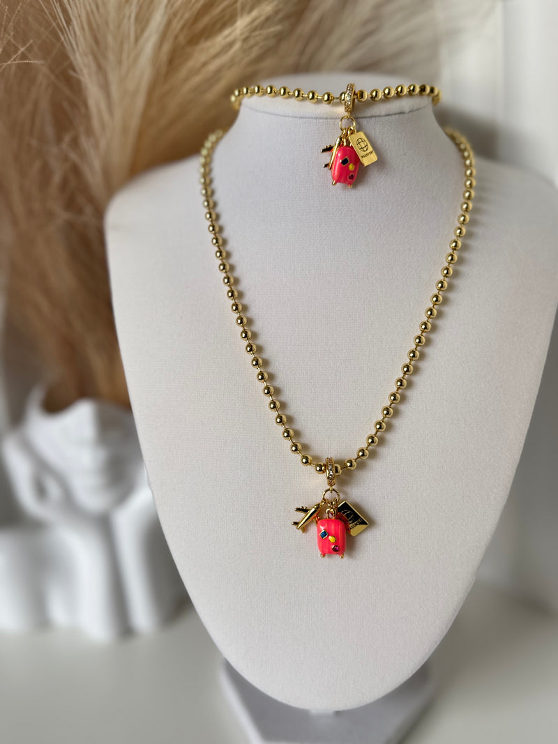 18K Gold Plated 4mm Beaded Travel Charm Necklace & Bracelet Set
