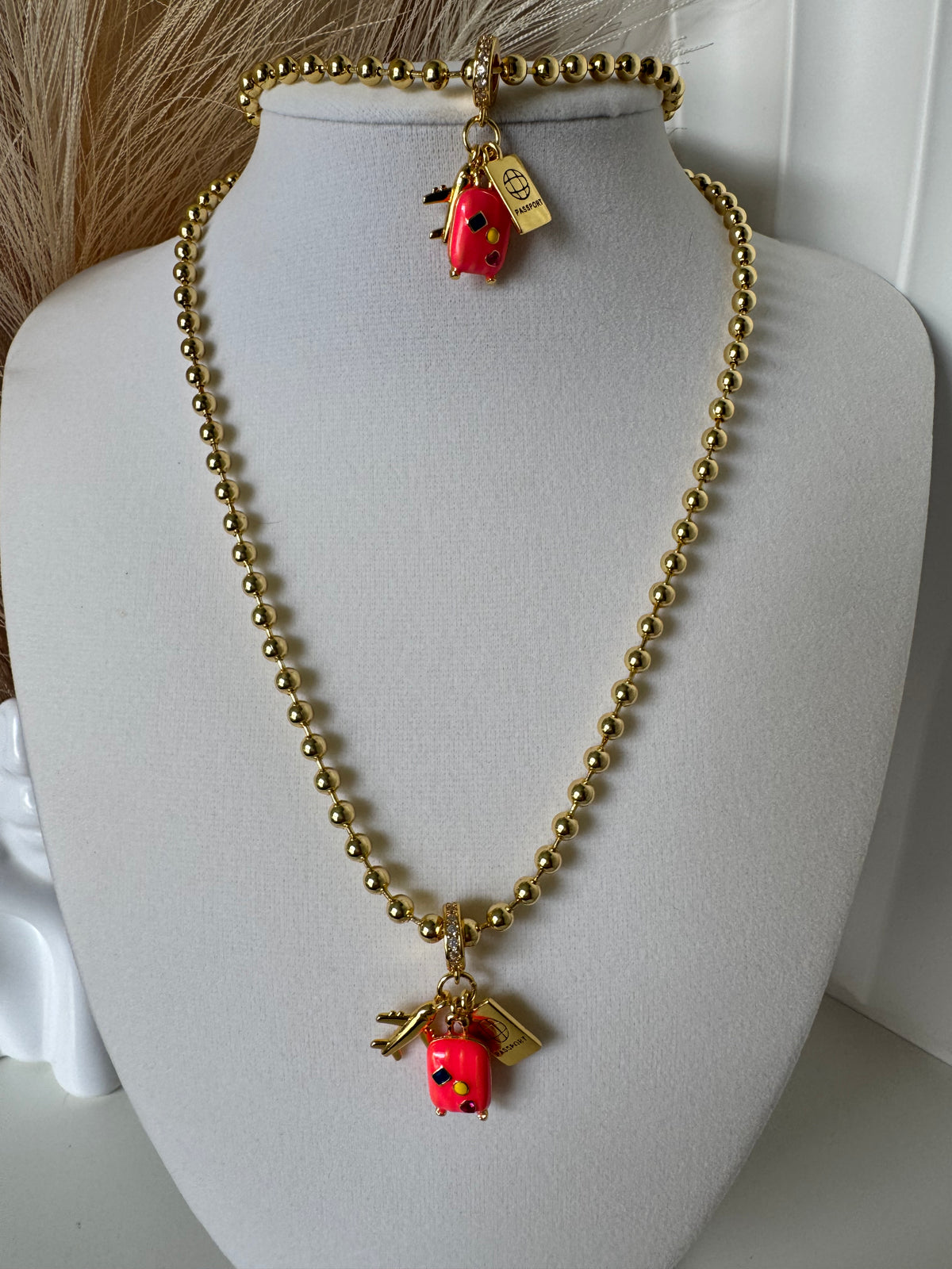 18K Gold Plated 4mm Beaded Travel Charm Necklace & Bracelet Set