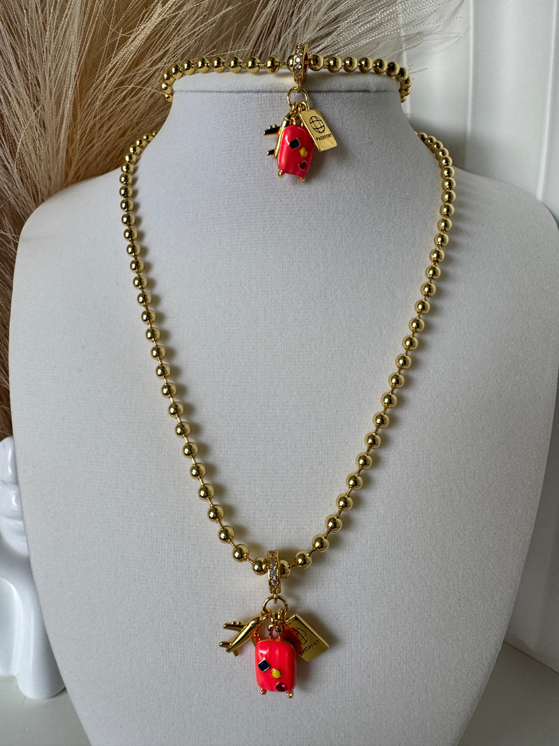 18K Gold Plated 4mm Beaded Travel Charm Necklace & Bracelet Set