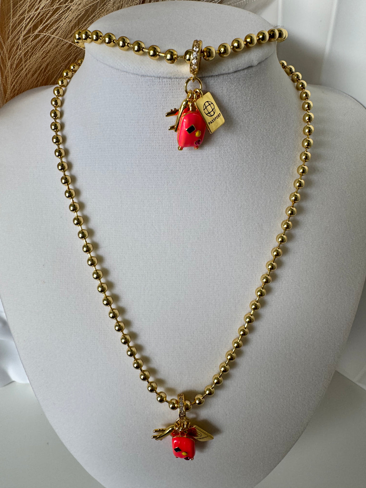 18K Gold Plated 4mm Beaded Travel Charm Necklace & Bracelet Set