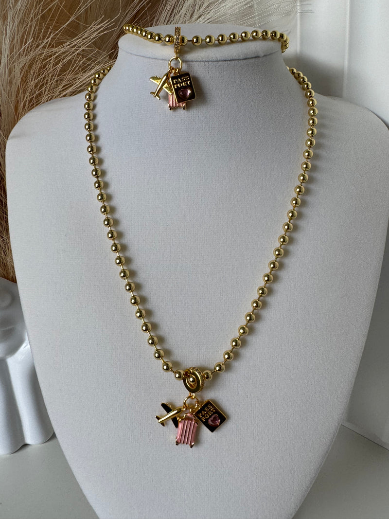 18K Gold Plated Travel Charm Necklace & Bracelet Set  Pink Suitcase