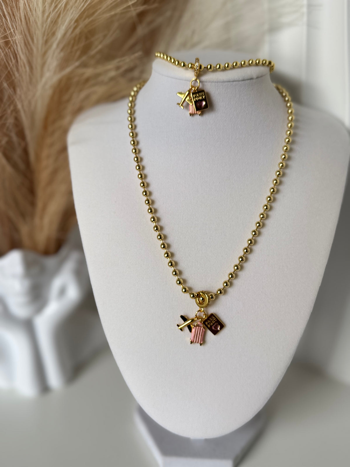 18K Gold Plated Travel Charm Necklace & Bracelet Set  Pink Suitcase