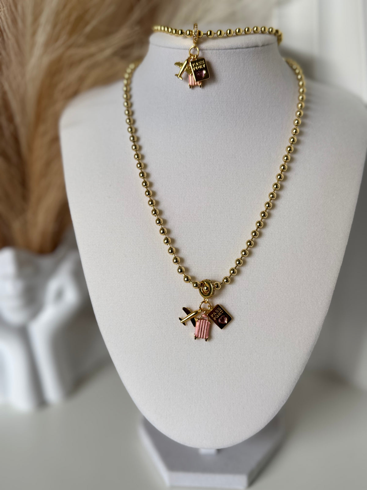 18K Gold Plated Travel Charm Necklace & Bracelet Set  Pink Suitcase