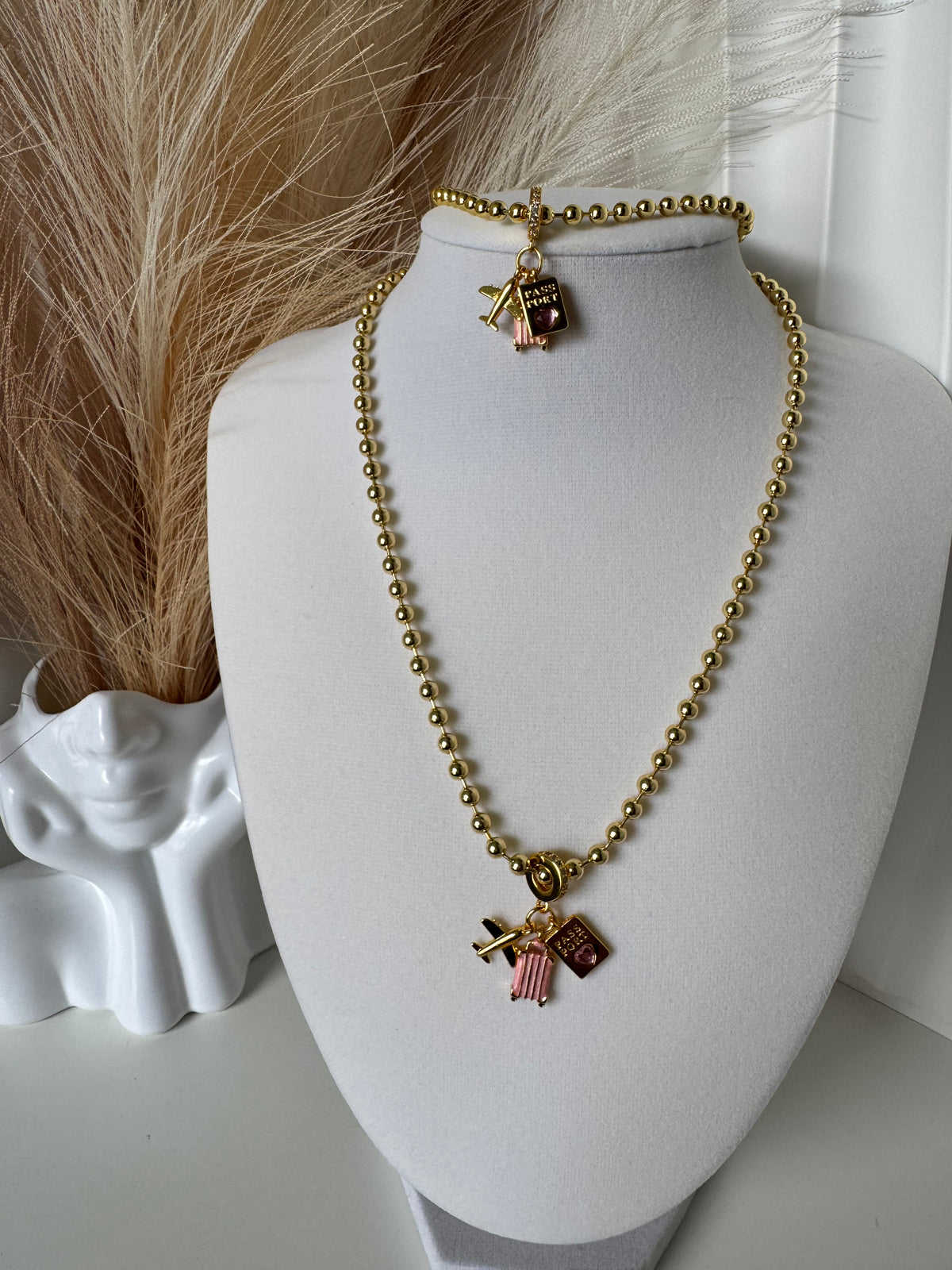18K Gold Plated Travel Charm Necklace & Bracelet Set  Pink Suitcase