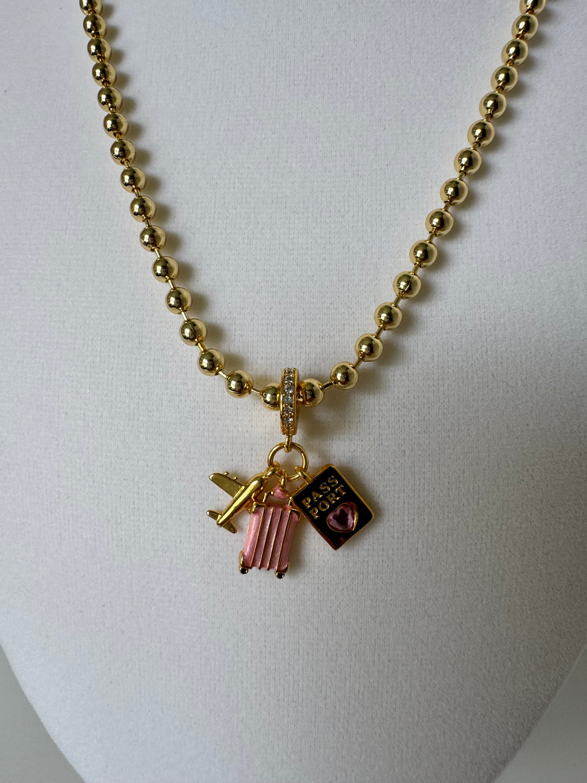 18K Gold Plated Travel Charm Necklace & Bracelet Set  Pink Suitcase