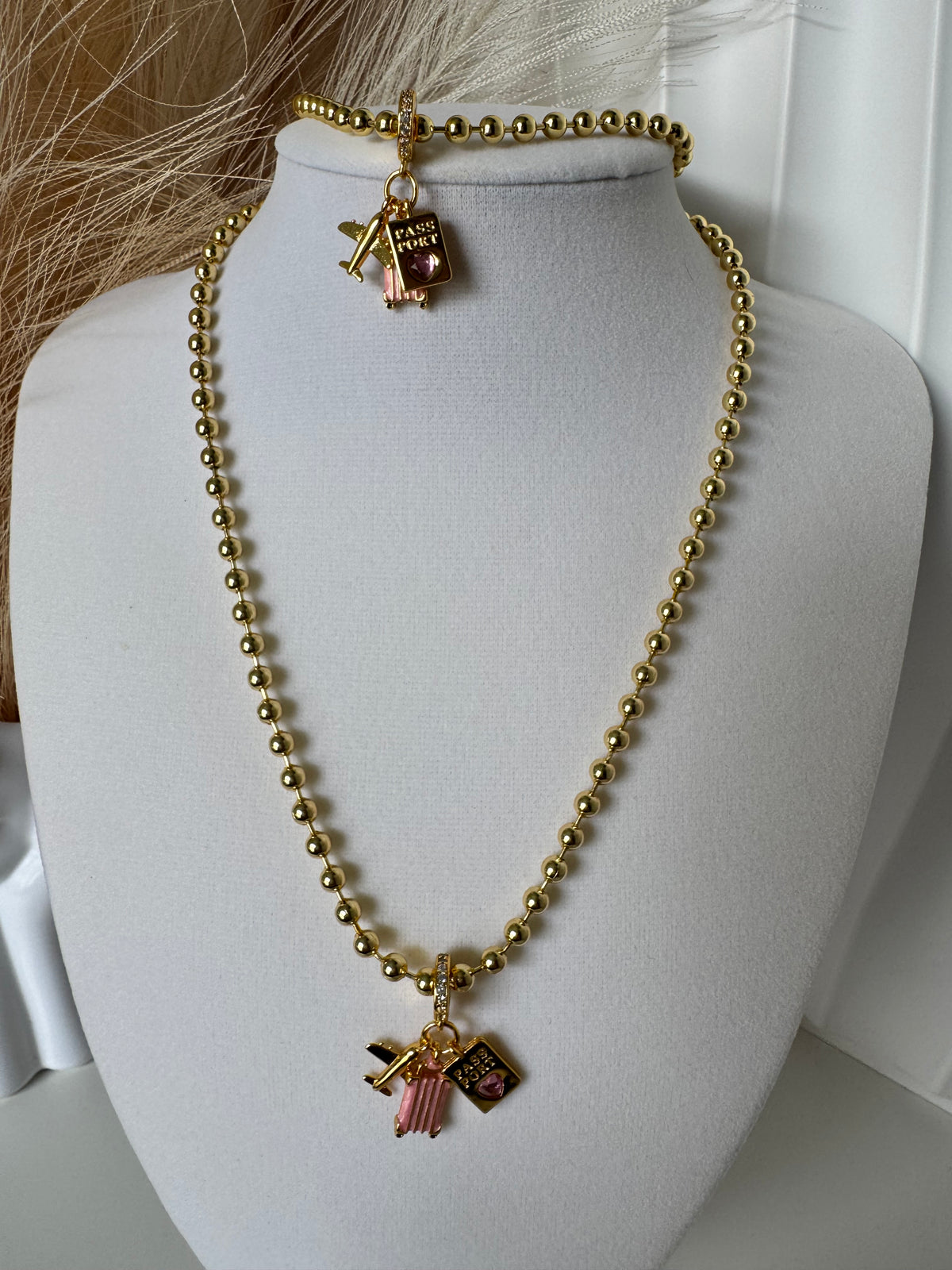 18K Gold Plated Travel Charm Necklace & Bracelet Set  Pink Suitcase