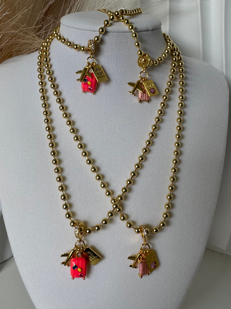 18K Gold Plated Travel Charm Necklace & Bracelet Set  Pink Suitcase