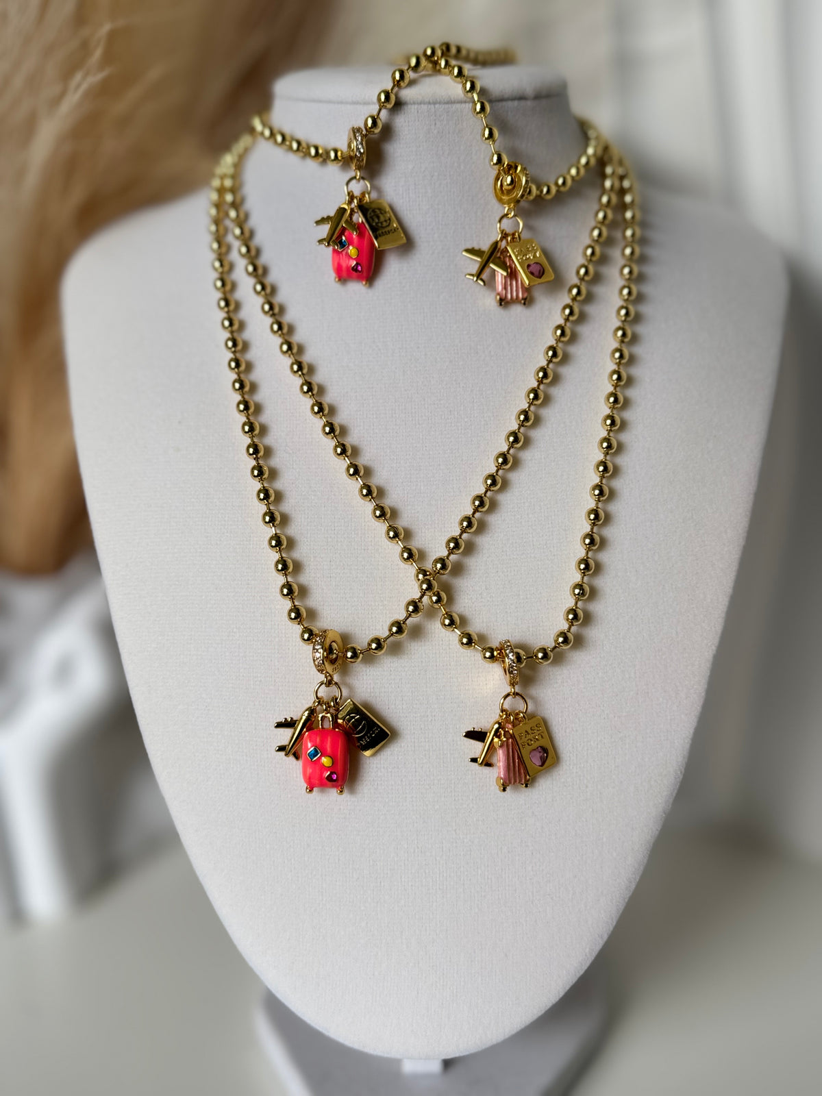 18K Gold Plated 4mm Beaded Travel Charm Necklace & Bracelet Set