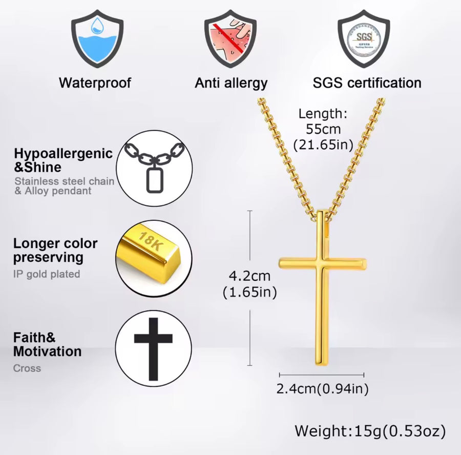 Men’s Stainless Steel Cross Necklace – Gold or Silver