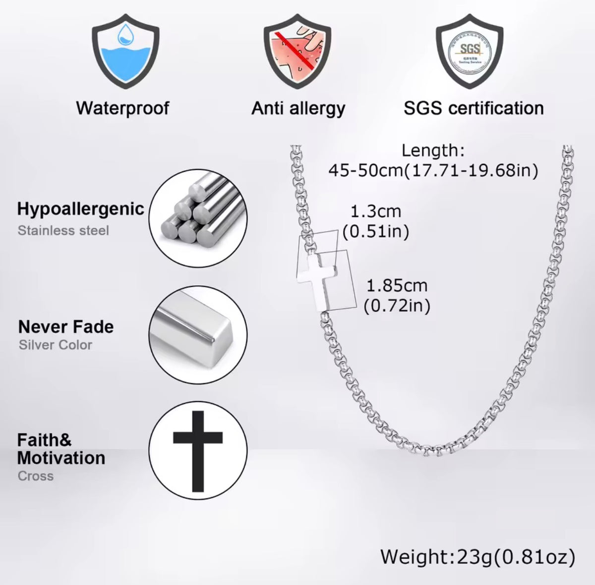 Men’s Stainless Steel Side Cross Chain Necklace – Gold or Silver
