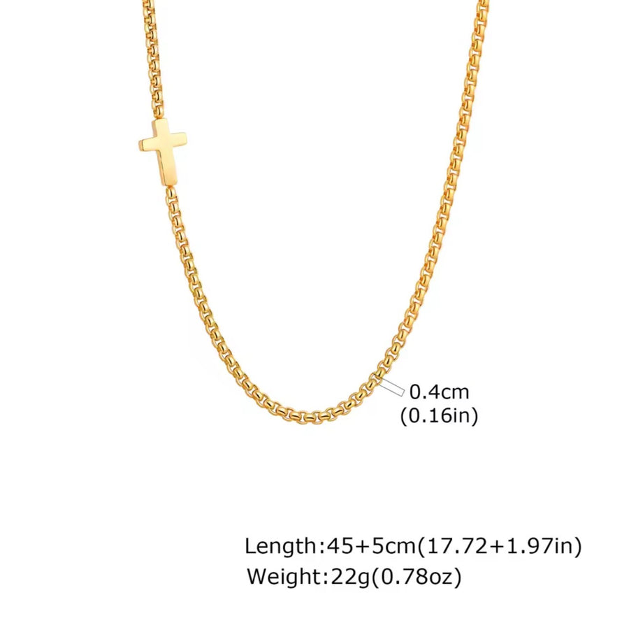 Men’s Stainless Steel Side Cross Chain Necklace – Gold or Silver