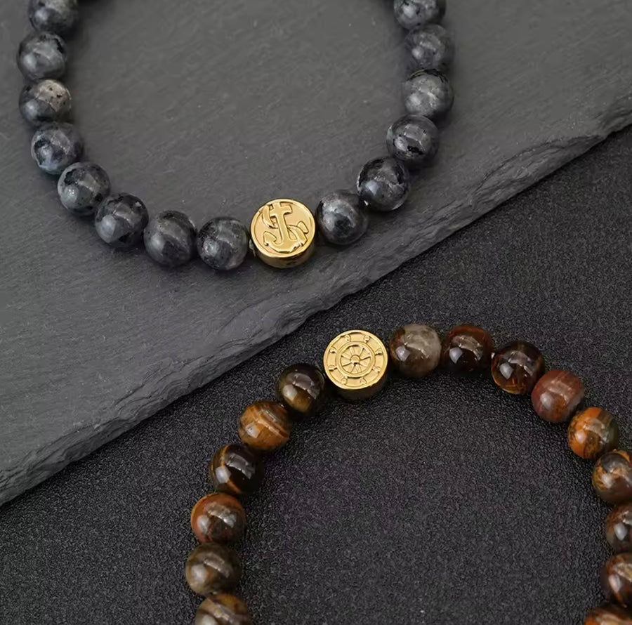 Men’s 8mm Beaded Stretch Bracelet – Onyx, Black Flash or Tiger Eye