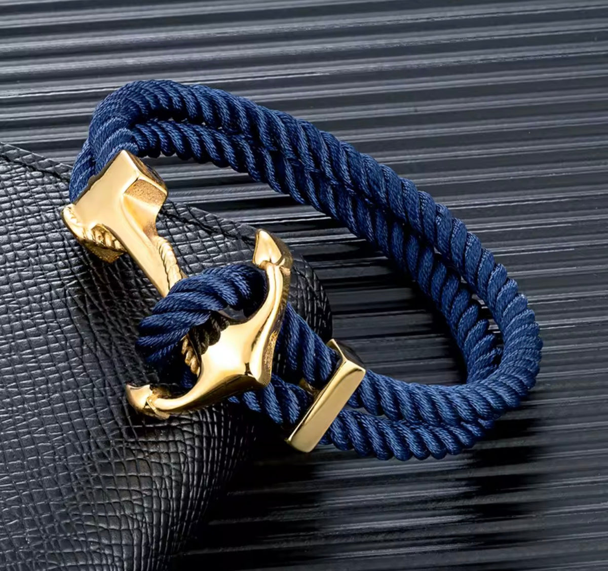 Men’s Navy Blue Double Rope Anchor Bracelet – Gold Stainless Steel