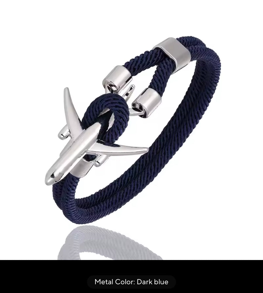 Men’s Airplane Rope Bracelet   Silver or Black Airplane