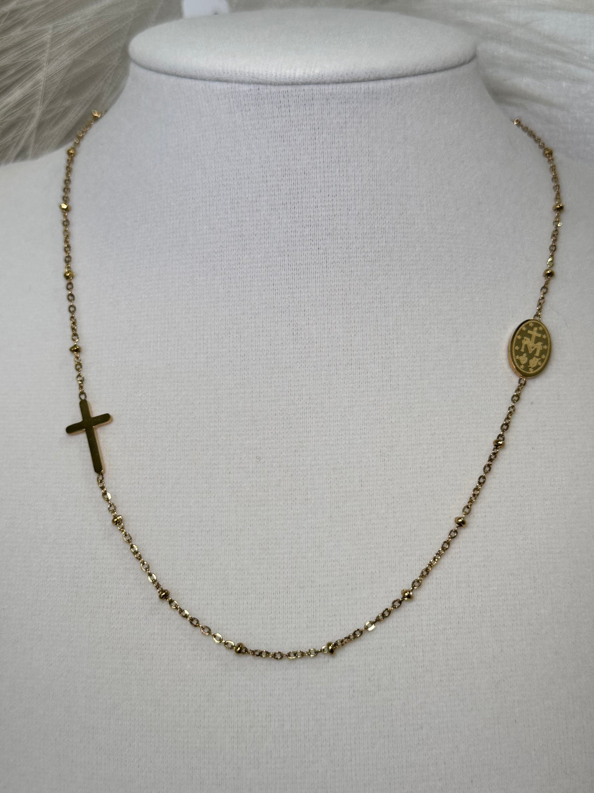18K Gold-Plated Stainless Steel Rosary-Style Cross Necklace
