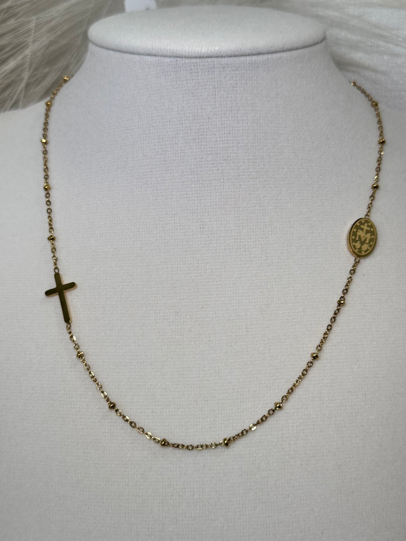 18K Gold-Plated Stainless Steel Rosary-Style Cross Necklace