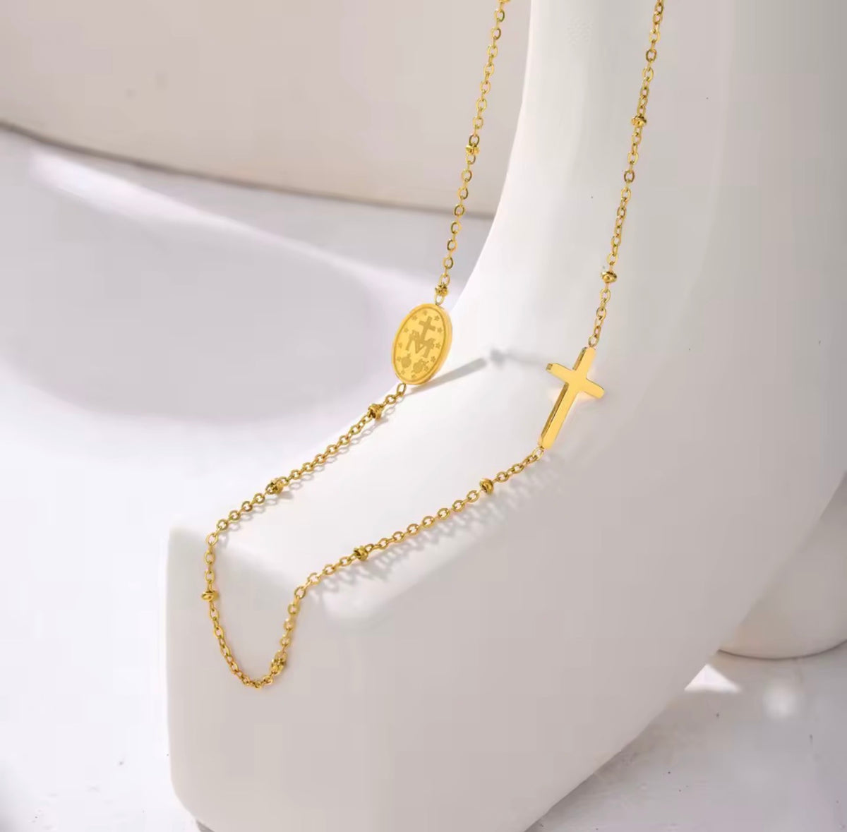 18K Gold-Plated Stainless Steel Rosary-Style Cross Necklace